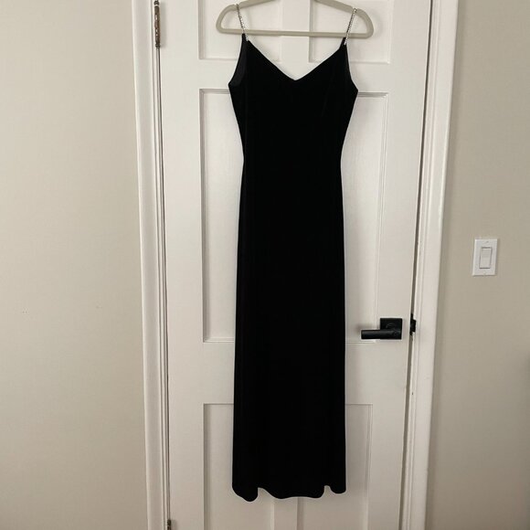 Vintage Black Velvet Evening Dress with Sequin Straps Size S/M with Side Slit - Picture 2 of 4